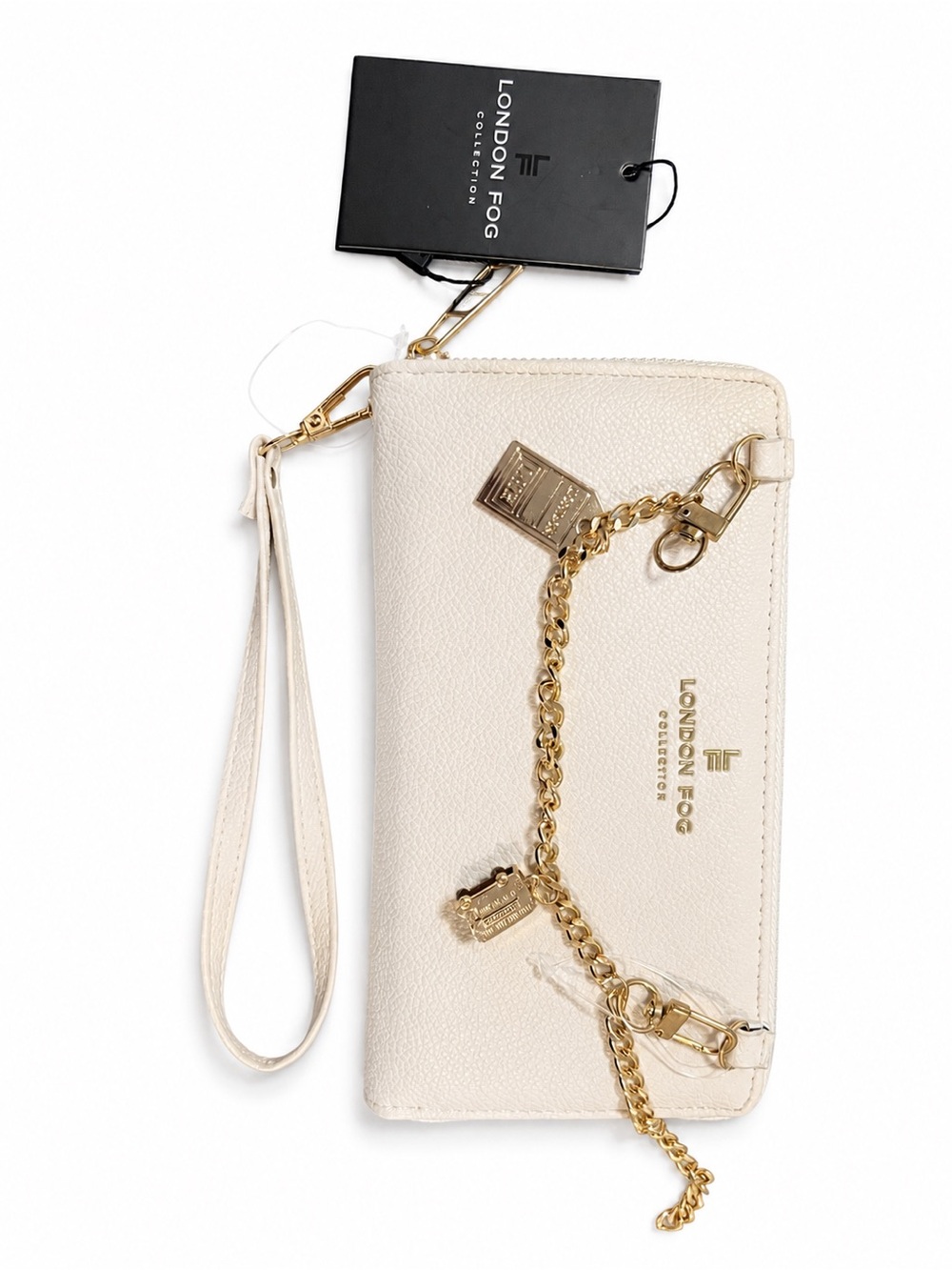 London Fog Cream Wristlet with Gold Chain Charm Accents